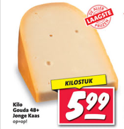 Kilo Gouda 48+ Jonge Kaas voor €5,99 bij Nettorama
