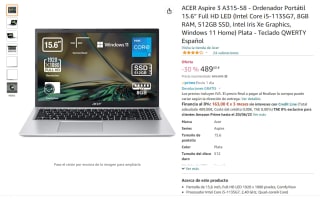ACER Aspire 3 Core i5-1135G7 8GB RAM 512GB SSD por 489€
