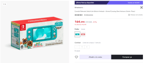 Consola Nintendo Switch Lite Edición limitada + Animal Crossing New Horizons por 164,39€ (cuenta nueva por 152,39€)