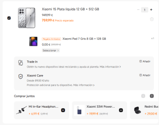 Xiaomi 15 de 12GB/512GB + Xiaomi Pad 7 8GB/128GB por 759,99€