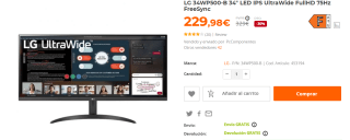 Monitor LG 34WP500-B 34" LED IPS UltraWide FullHD 75Hz FreeSync por 229€