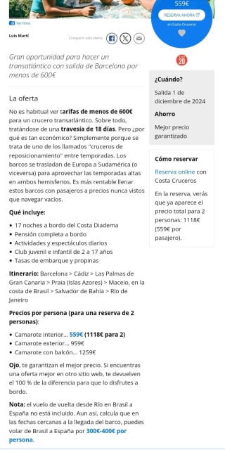 Crucero Barcelona-Río de Janeiro 18 días desde 559€.