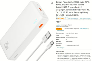 Baseus Powerbank, 20000 mAh, 20 W, PD QC3.0 voor €19,50 bij Amazon