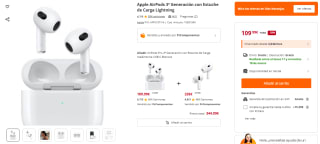 Apple AirPods 3ª Generación con Estuche de Carga Lightning por 109,99€