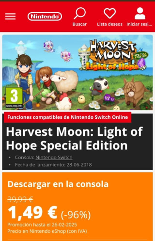 Harvest Moon: Light of Hope Special Edition Nintendo Switch por 1,49€.
