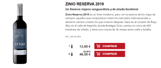6 Botellas de Zinio Reserva 2019 por 38€