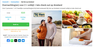 Boek Bij Hen op Ameland Hotel: overnachting voor 2 personen + ontbijt via Social Deal