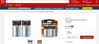 Pila alcalina Max D 2 unidades Energizer por $5.190