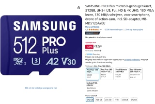 SAMSUNG PRO Plus microSD-geheugenkaart 512GB voor €39,90 bij Amazon