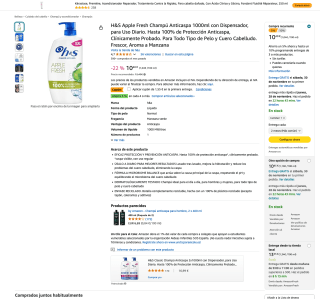 H&S Apple Fresh Champú Anticaspa 1000ml con Dispensador para Uso Diario por 8,30€