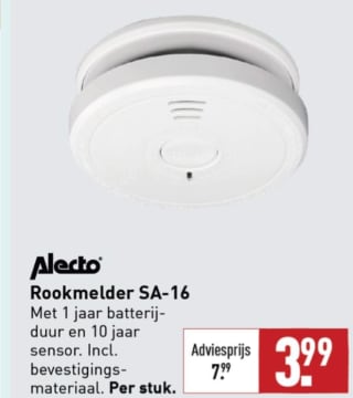 Alecto SA-16 Rookmelder Met Time-Out-Functie voor €3,99 bij de Aldi