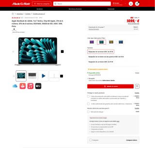 MacBook Air 2024 13,6" Retina Chip M3 Apple 8GB 256GB por 1,099€