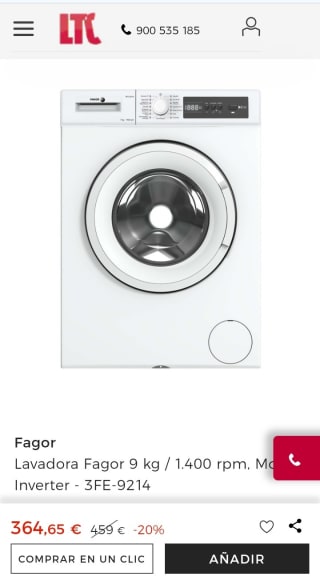 Lavadora Fagor 9 kg / 1.400 rpm, Motor Inverter - 3FE-9214 por 364,65€.