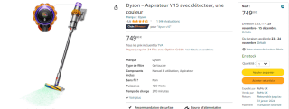 Aspirateur balai sans-fil Dyson V15 avec détecteur, une couleur à 749€