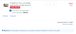 TV QLED 65" Toshiba 65QV3363DG, 4K UHD, Smart TV por 399€