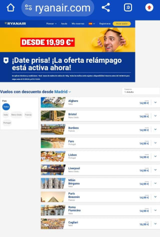 Vuelos desde 19,99€ incluso menos con Ryanair.
