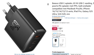 Baseus USB C-oplader, 65 W USB C voeding, 3-poorts voor €19,99 bij Amazon