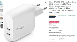 Belkin 40 W USB-C PD wandlader voor €16,99 met Amazon Prime