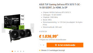 ASUS TUF Gaming GeForce RTX 5070 Ti 16GB GDDR7 OC Edition videokaart voor €1.036,99 bij Nbb