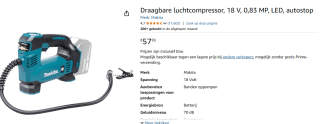 Makita DMP180Z Luchtpomp - 18V - Losse Body voor €57,93 bij Amazon