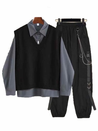 conjunto de 3 piezas Chaleco de punto + camisa de manga larga + pantalones Cargo sueltos Harajuku BF por 21,63€