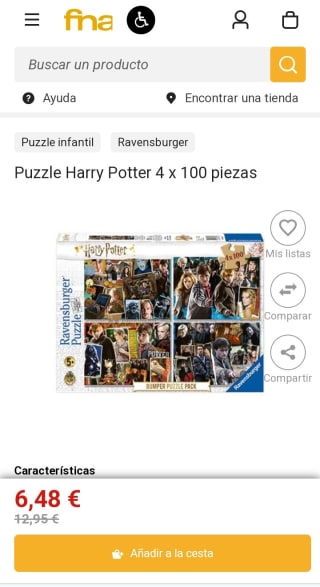 Puzzle Harry Potter 4 x 100 piezas por 6,48€.