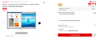 Monitor Lenovo L27i-40, 27", IPS Full-HD, 4 ms, 100 Hz por 99,99€