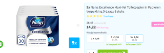 50% korting op 5x Nalys Excellence Maxi-Vel Toiletpapier In Papieren Verpakking 5-Laags 6 stuks bij Plein