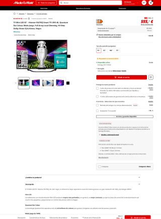 TV Mini LED 55'' Hisense 55U7KQ Full Array Local Dimming 144Hz 4K Quantum Dot Colour por 555€