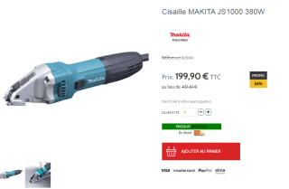 Cisaille MAKITA JS1000 380W à 199,90€ au lieu de 431,61€ + livraison offerte