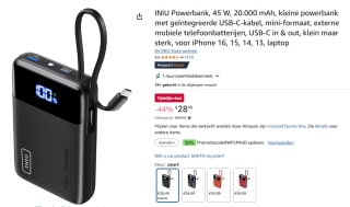 INIU 20000mAh Powerbank met Ingebouwd USB-C Kabel voor €14,48 dmv code bij Amazon