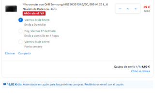 Microondas con Grill Samsung MG23K3515AS/EC, 800 W, 23 L, 6 Niveles por 75,65€