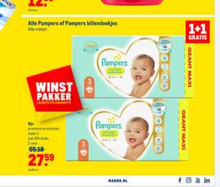 Pampers Billendoekjes + luiers 1+1 gratis
