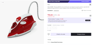 Plancha TESLA IR200R (2200 W, chorro de 90 g/min, tecnología de suela de cerámica, capacidad del depósito de agua de 300 ml, antical, antigoteo, botón de pulverización) por 8.34€