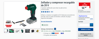 Parkside Inflador y compresor recargable de 20 V por 14,99€