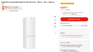 Frigorífico Combi KUBO KBC9116 WH No Frost - 180 cm - 253 L por 259,99€