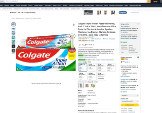 6 tubos Colgate Triple Acción Pasta de Dientes Pack 2 Uds x 75ml Dentífrico con Flúor Pasta de Dientes Anticaries por solo 5,35€