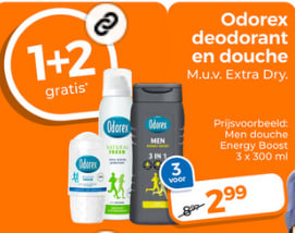 1+2 Gratis op alle Odorex deodorant en douche bij Trekpleister