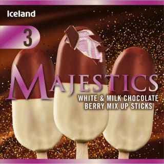 Obtain a Majesties white and milk chocolate berry mix up sticks from Iceland for £1.37