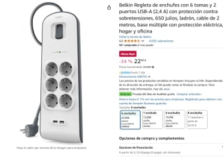 Belkin Regleta con 6 tomas y 2 puertos USB-A con protección contra sobretensiones por 22,99€