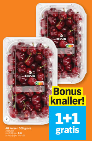 1+1 gratis op kersen (€4,99/kg) bij AH