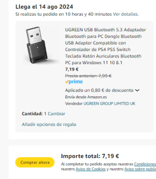 Adaptador UGREEN USB Bluetooth 5.3 para PC por 7,19€