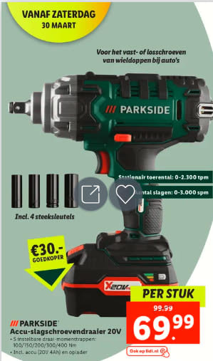 PARKSIDE® Accu-slagmoersleutel 20V inclusief accu en lader voor €69,99 bij de Lidl