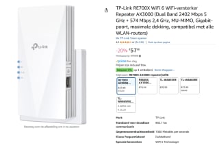 TP-Link RE700X - WiFi Versterker - WiFi 6 voor €57,90 bij Amazon