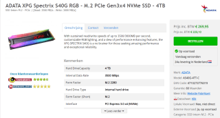 ADATA XPG Spectrix S40G RGB - M.2 PCIe Gen3x4 NVMe SSD - 4TB voor €269,95 bij Hardwarewebwinkel