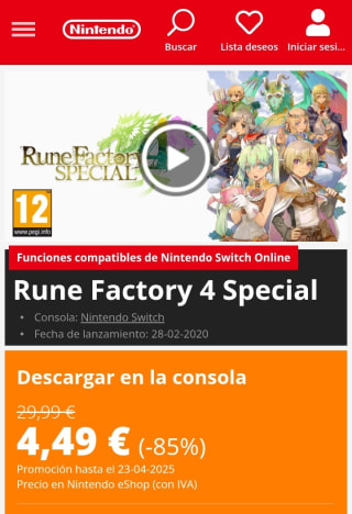 Rune Factory 4 Special Nintendo Switch por 4,49€.