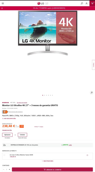 Monitor LG Ultrafine 4K 27" por solo 214,63€