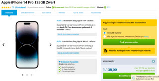 Apple iPhone 14 Pro - 128GB - Spacezwart voor €138 bij Belsimpel