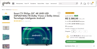 Smart TV da Philips, modelo de 55 polegadas em 4K - R$ 2.388