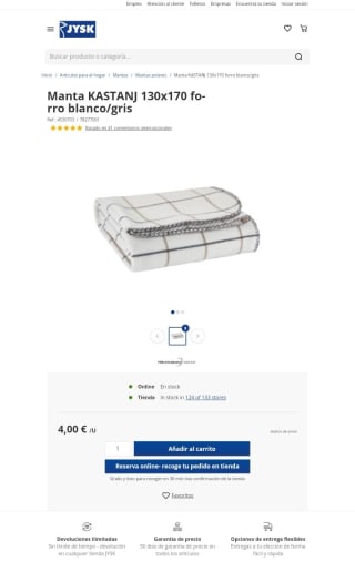 Manta KASTANJ 130x170 forro blanco/gris por 4€.